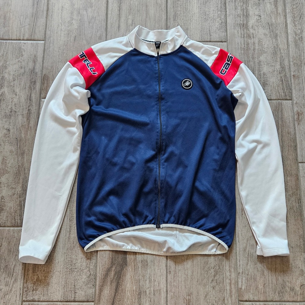 Castelli Cycling Jersey Mens L Blue White Long Sleeve Full Zip Pockets Bike Race